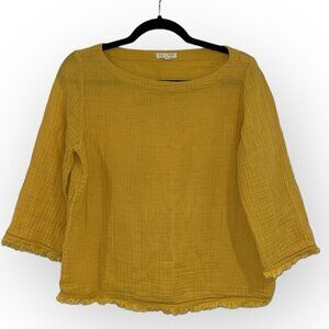 Eileen Fisher Yellow 3/4 sleeves Organic Cotton Frayed Hem top size Petite Small